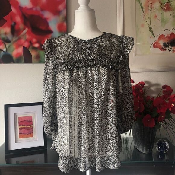 Black and White Ruffled See through Small Flowers Ruffled Top S - Picture 1 of 8